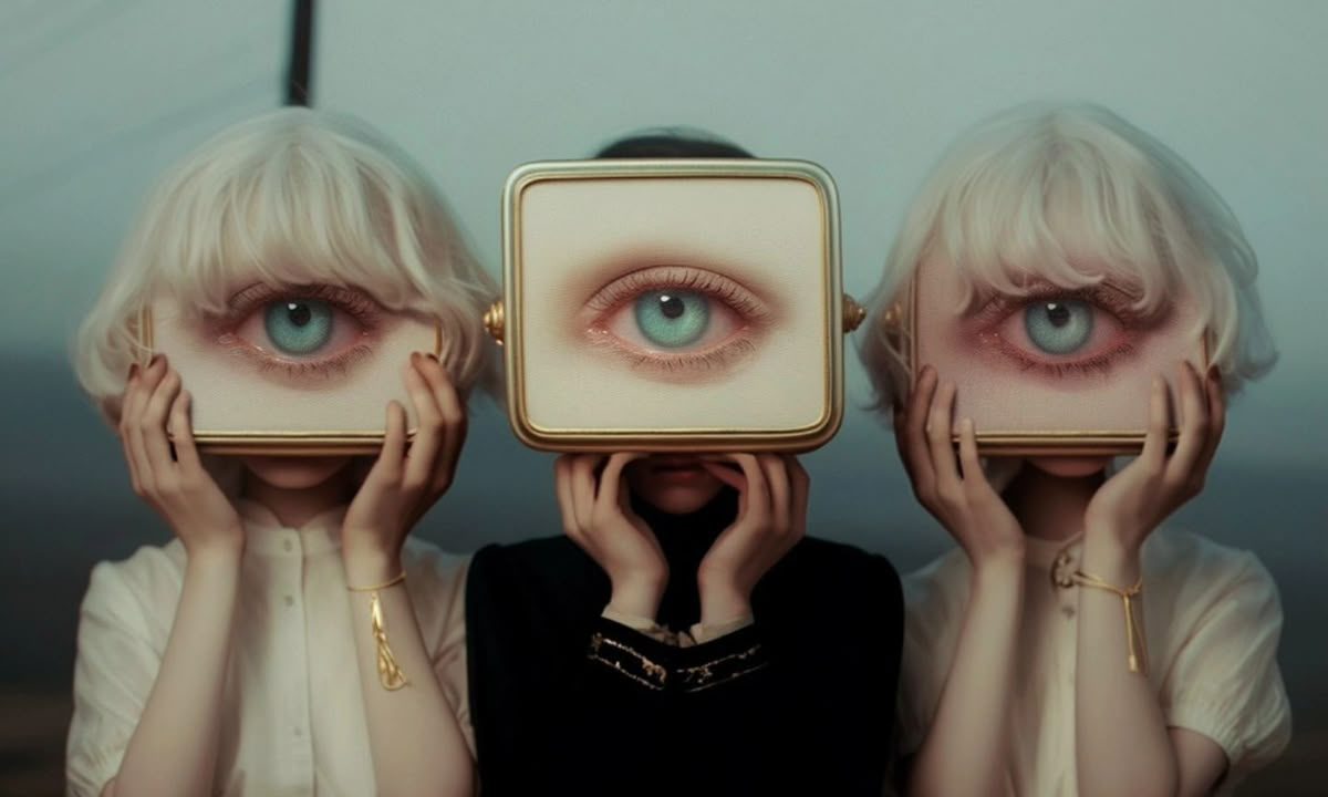 Three figures standing in a row, each holding a gilt-framed picture of a single eye in front of their face.