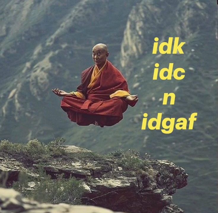 A meditating monk photographed mid-levitation against a mountain range, overlaid with the caption 'idk idc n idgaf'.
