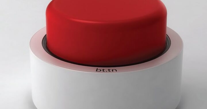 A large red push-button on a white cylindrical base, photographed against a plain background.