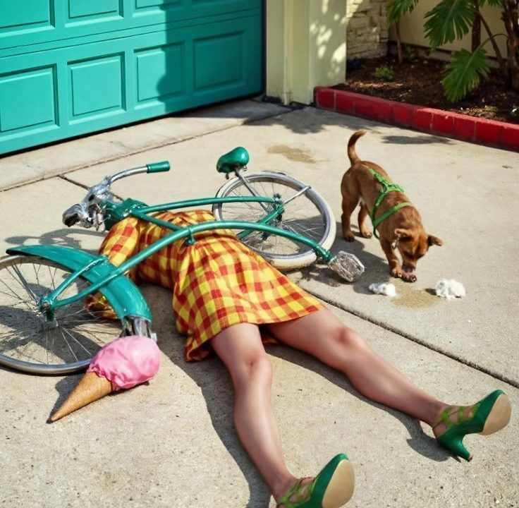A cyclist lying face-down on a pavement beside a toppled green bicycle while a dog eats the ice cream she dropped.