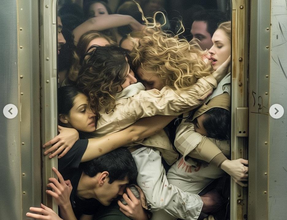 A tightly packed crowd of people pressed together in a metal doorway, arms and faces overlapping.