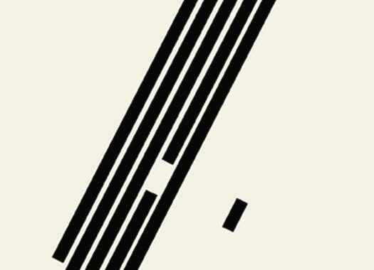 An abstract graphic of thick black diagonal bars on a cream ground, with one bar broken into separate segments.